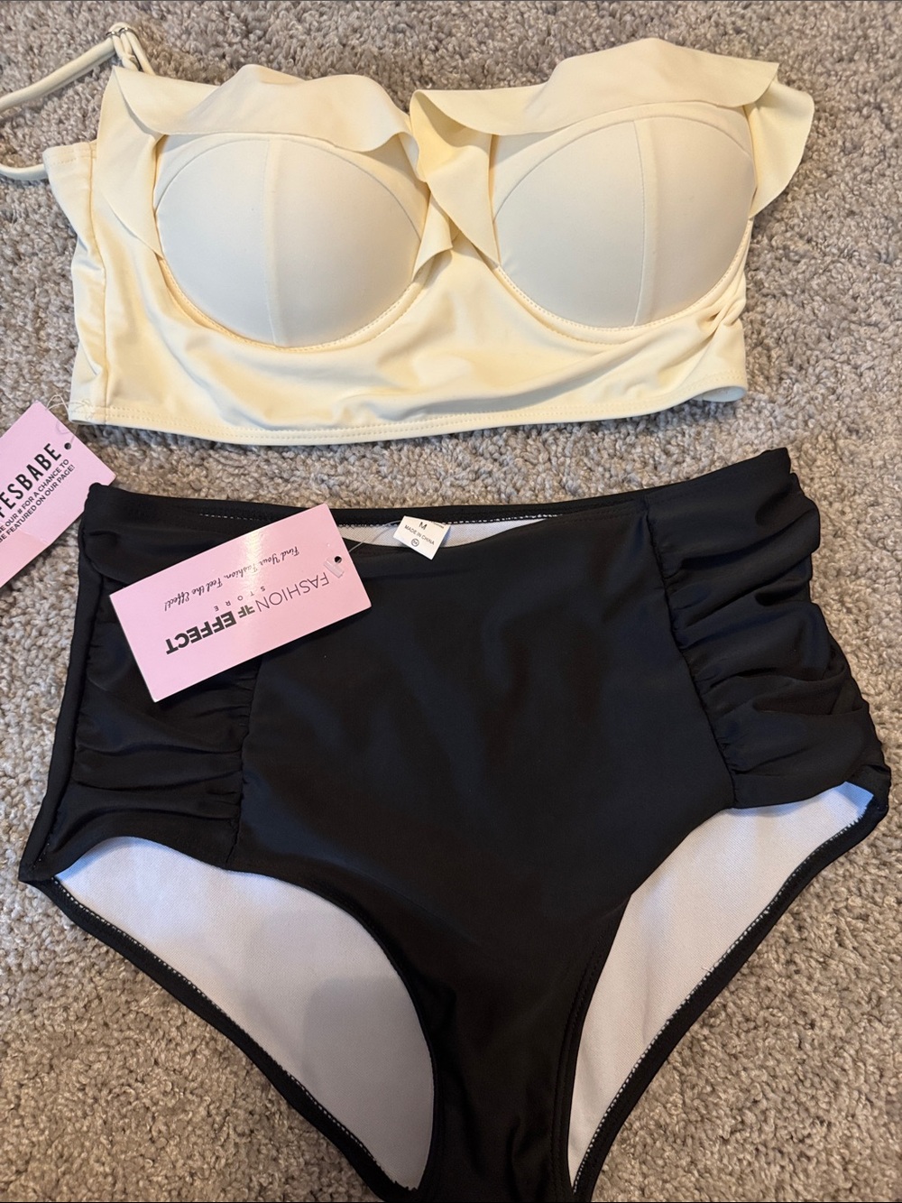 Fashion Nova Cream Ruffle Bustier Bikini Top & Black High Waist Bottoms